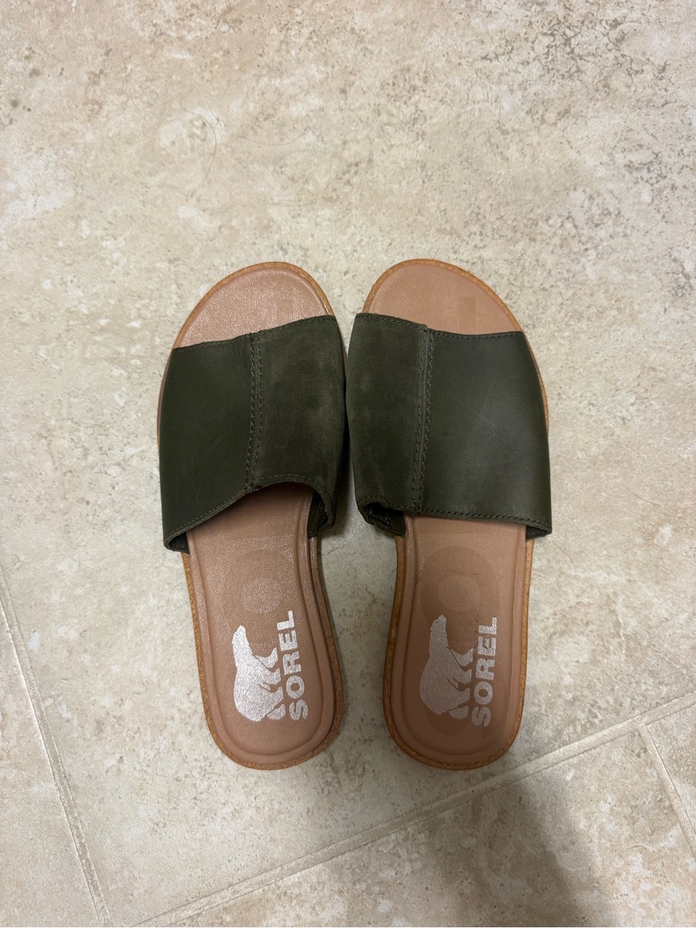 Sorel Olive Green Slide Sandals with Tan Footbed